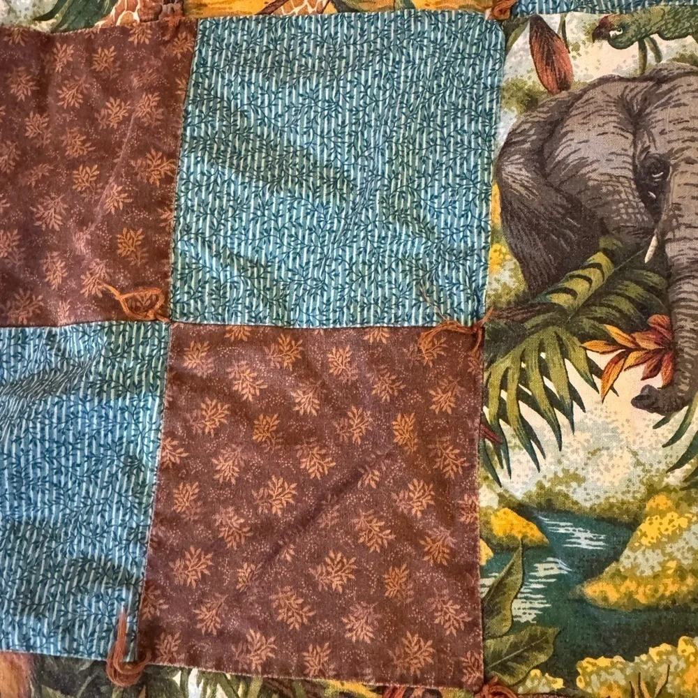 Jungle Printed Brown Handmade Reversible Quilt Elephants Leopards Lions 52 x 37
